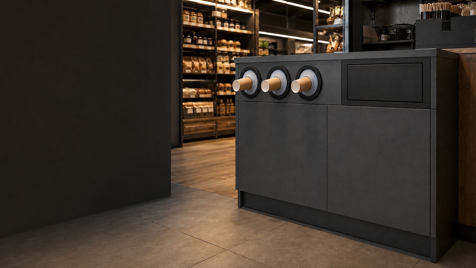 Cup Keeper station with three realistic cup dispensers and plain kraft paper cups