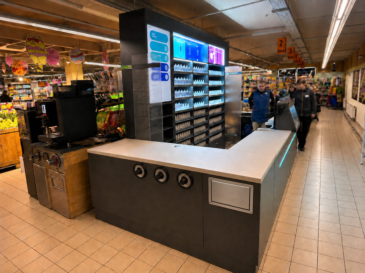 Real Cup Keeper supermarket installation with brushed stainless-steel waste hatch