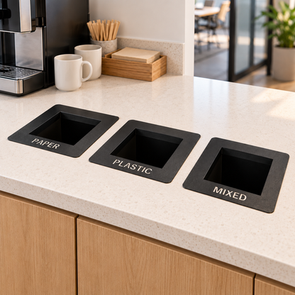 Illustrative office coffee station with three black waste chute frames; countertop and props not included